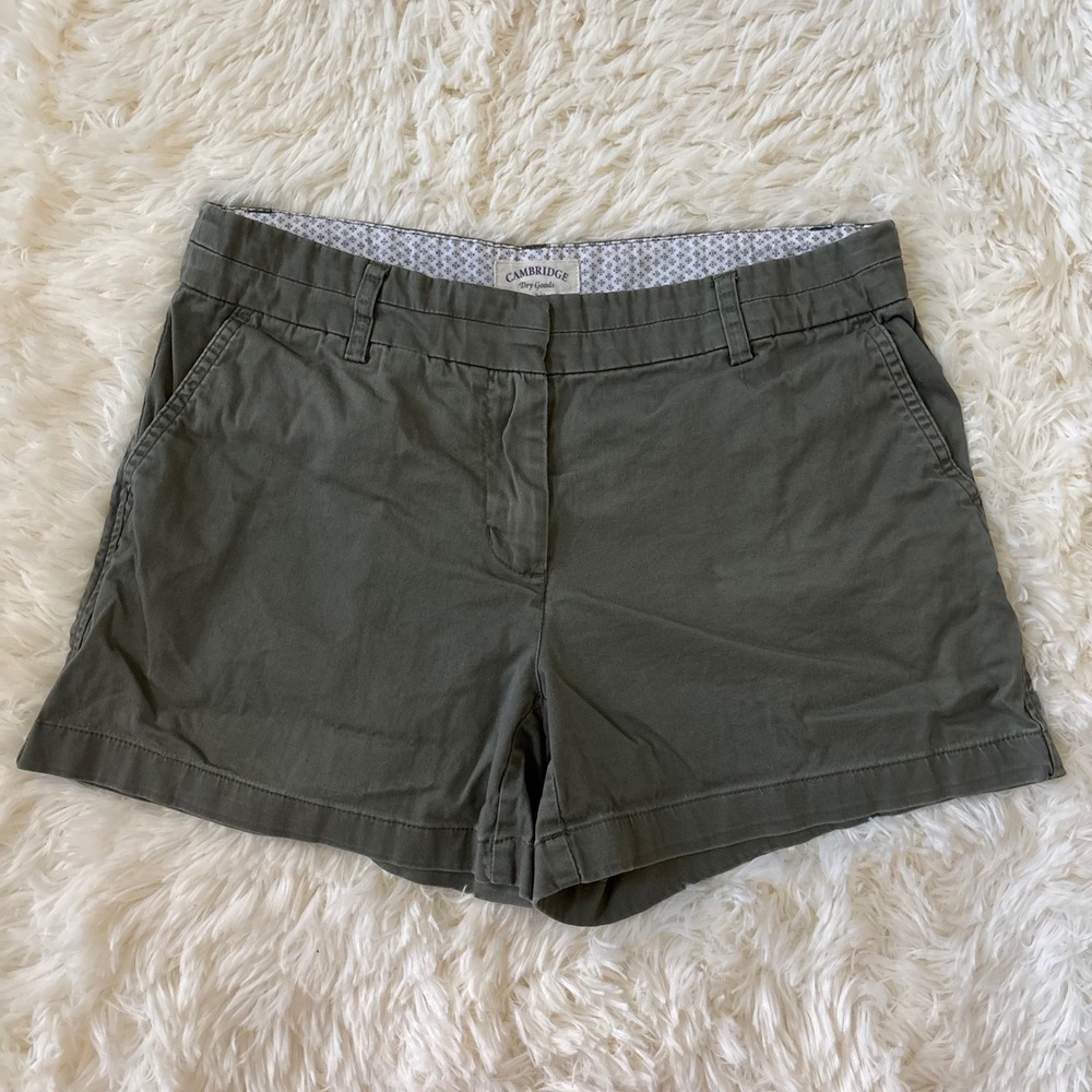 Cambridge Dry Goods Womens Olive Green Chino Shorts Size 8 Flat Front Cotton